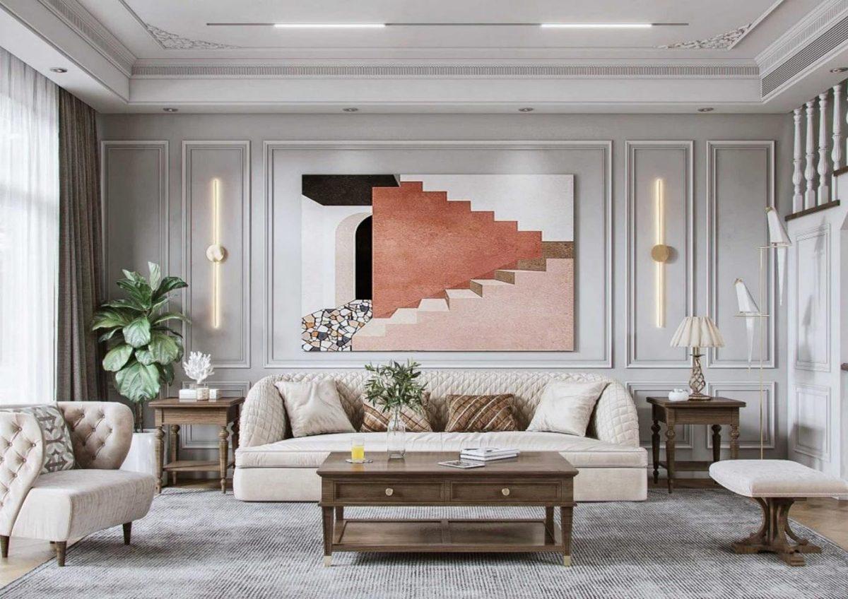 Refined living room with wall paneling and art