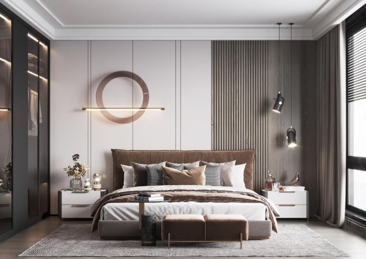 Bedroom with warm wood paneling and feature wall