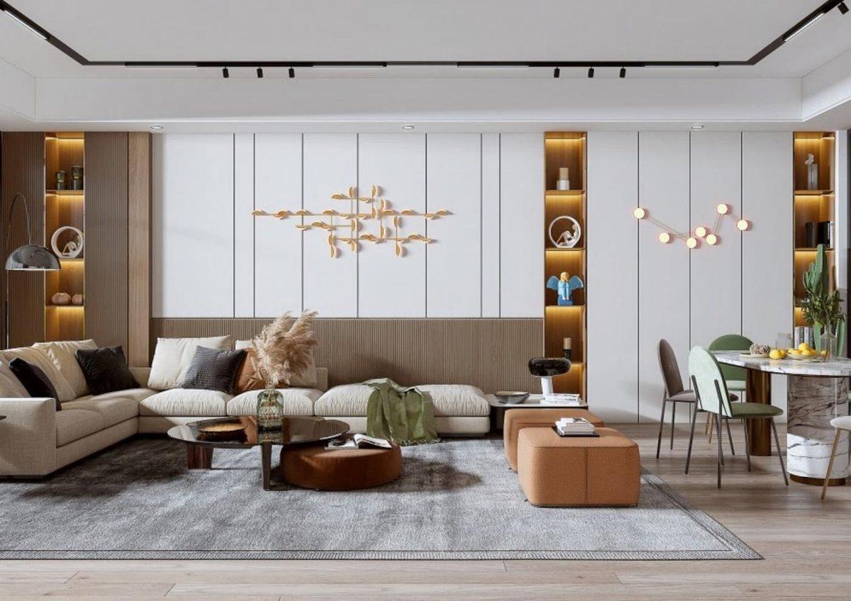 Living room with vertical wood paneling and shelving