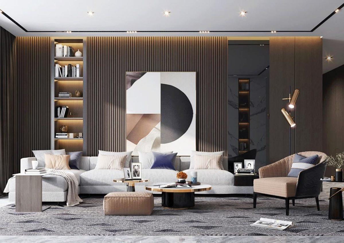 Living room with fluted wall panel feature