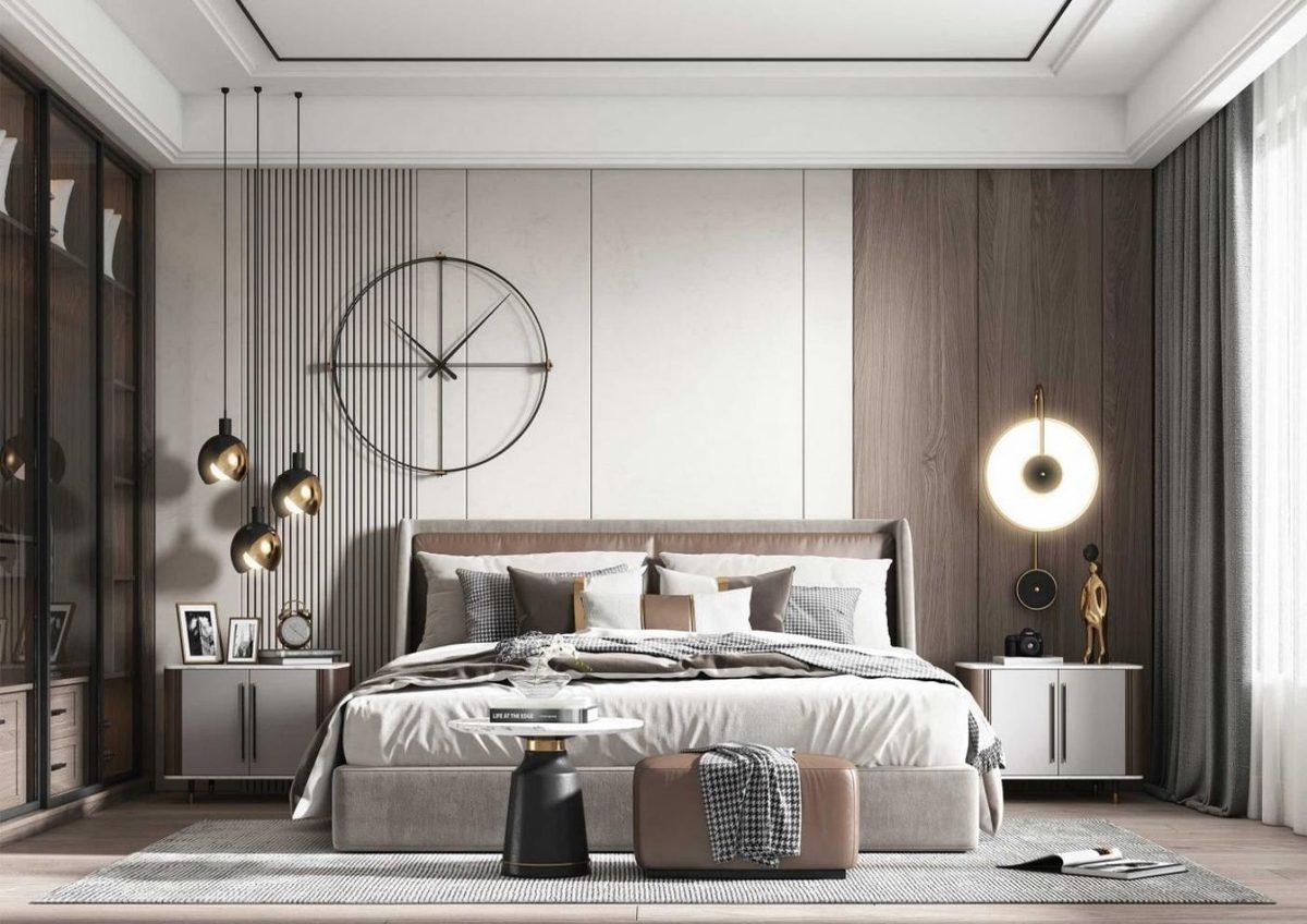Bedroom with wood clock feature wall
