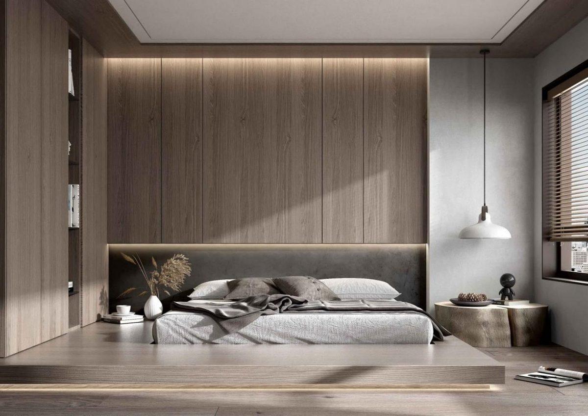 Modern bedroom with wood plank wall