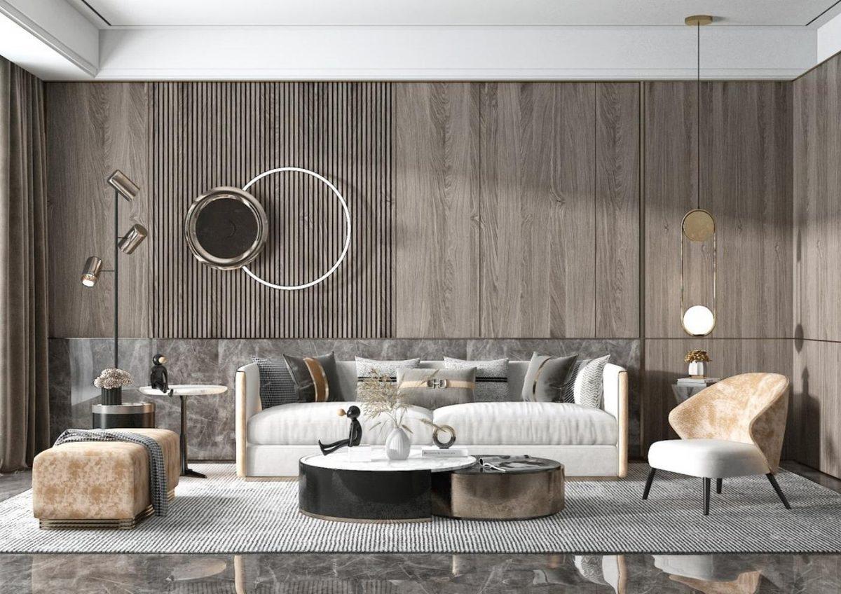 Living room with wood paneling and metal accent
